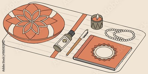 Still life illustration depicting essential items for personal reflection including an ornate box a small candle an essential oil bottle a pen a journal and prayer beads