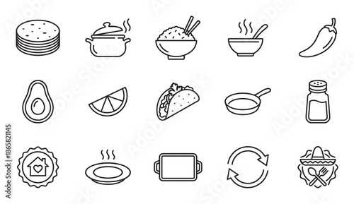 Set of black line art icons representing Mexican cuisine and food preparation, featuring symbols like a taco, tortilla, chili pepper, avocado, steaming soup, and cooking utensils