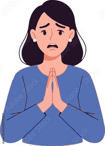 A person with a distressed expression pleads with hands pressed together