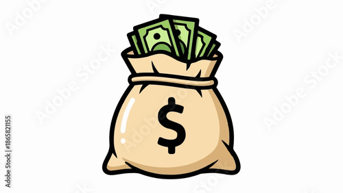 A cartoon money bag filled with cash, featuring a dollar sign
