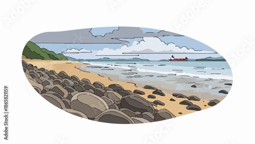 A rocky, sandy shore meets the ocean under a cloudy sky with a distant cargo ship