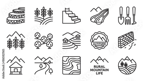 Collection of black line art icons representing rural mountain life and agriculture, featuring rice terraces, crops, farming tools, and scenic landscapes in a minimalist vector style