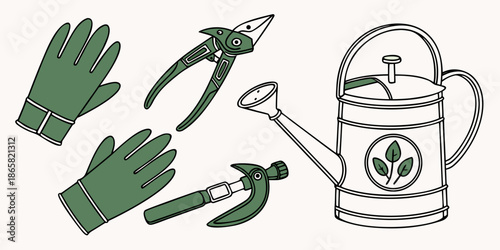 Gardening tools including gloves, pruners, a small hammer, and a watering can are displayed for yard work.