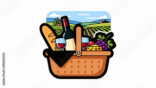 A picnic basket overflowing with wine, bread, cheese, and fruit, set against a vineyard landscape
