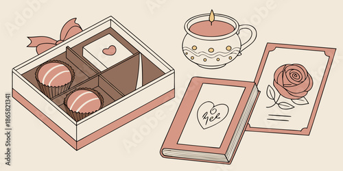 A box of chocolates, a warm drink, and greeting cards suggest a romantic occasion or thoughtful gift.