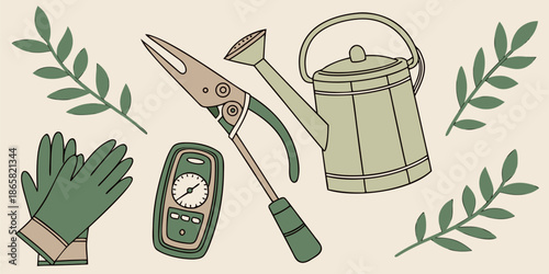 Gardening implements including pruning shears, a watering can, work gloves, and a soil meter are presented with surrounding.