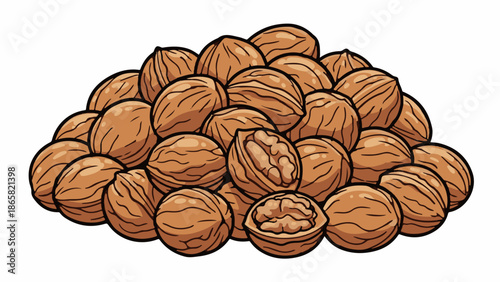 A pile of brown, textured nuts, with two halved to reveal their kernels