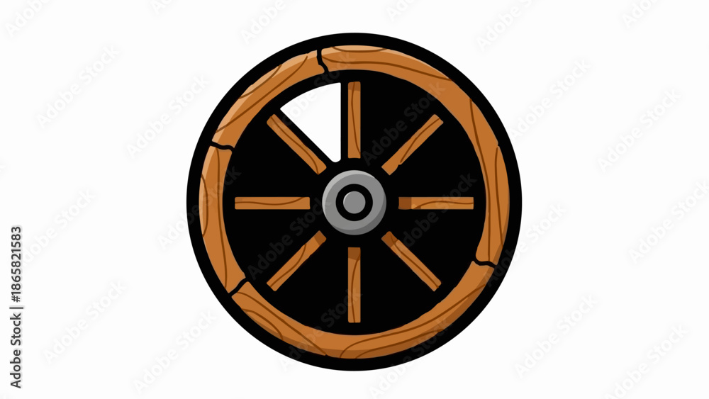 Obraz premium A rustic wooden wheel with spokes and a central hub, isolated on white