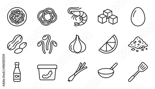 Set of line art icons for Asian food ingredients and cooking utensils, including noodles, shrimp, tofu, peanuts, and fish sauce, presented in a simple minimalist style