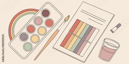 Artistic flat lay featuring a muted rainbow watercolor paint palette brush paper color swatches and water glass for creative projects