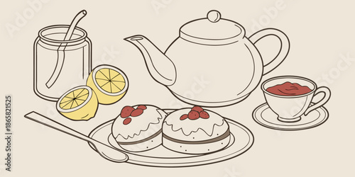 Delightful still life illustration featuring a classic white teapot hot beverage teacup scones and fresh lemon halves ready for afternoon refreshment