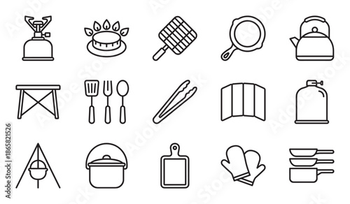Set of black line icons for camping and outdoor cooking equipment, including a portable stove, kettle, grill, and utensils, presented in a clean, minimalist vector style illustration
