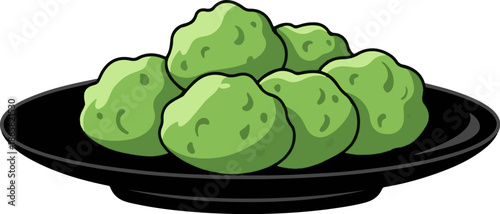 A pile of green, lumpy shapes served on a black plate