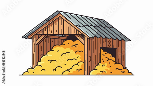A rustic wooden structure shelters a large mound of golden hay