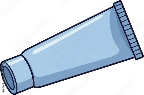 A cartoon blue squeeze tube, angled, with a ribbed cap, isolated on white