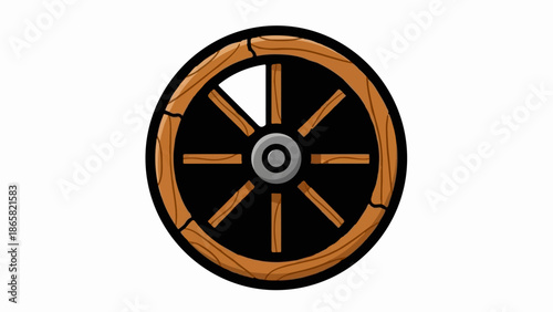 A rustic wooden wheel with spokes and a central hub, isolated on white