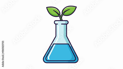 A science beaker contains blue liquid with two green leaves sprouting from the neck