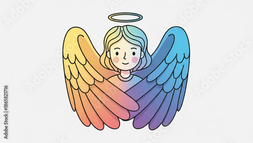 Cute Cartoon Angel with Colorful Rainbow Wings and Halo Illustration