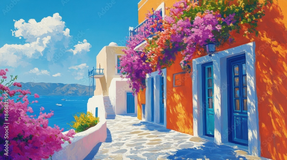Fototapeta premium Watercolor of Traditional greek Santorini house with bougainvillea flowers,Greece islands blue white traditional cafe restaurant architecture,Santorini blue door window,Mediterranean scene.