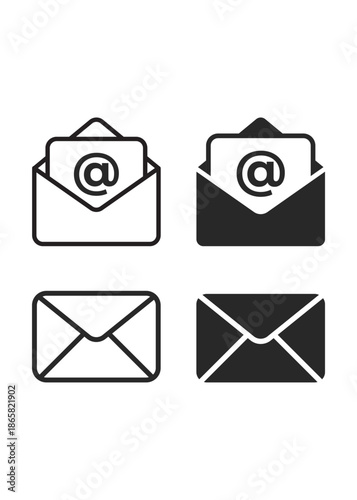 Clean vector illustrations of email envelopes in two distinct styles. These icons show active and read message statuses for modern website and mobile app interfaces.