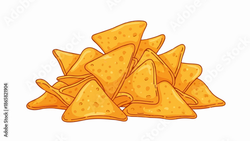 A pile of golden triangular corn chips with a textured surface, isolated on white