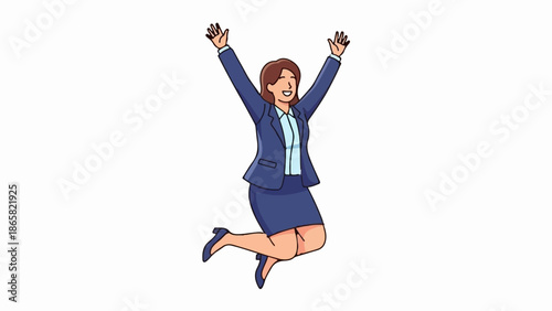 A joyful woman in a blue suit leaps with arms raised in celebration against a white background