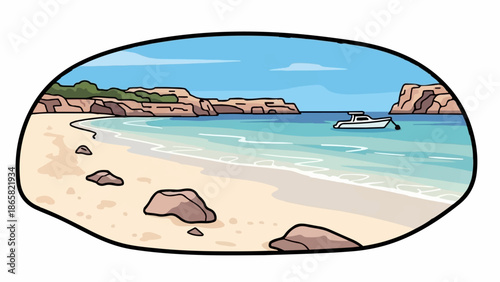 A serene coastal view with a boat anchored in clear, turquoise waters near a sandy beach