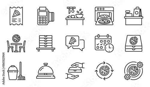 Pizzeria and pizza delivery service line icons set with symbols for cooking, ordering, payment, takeout, and restaurant management, a minimalist black and white vector illustration