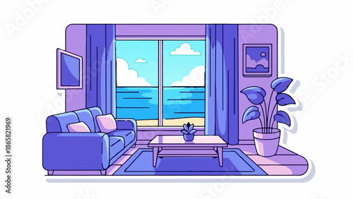 A serene room with a couch, coffee table, and plant overlooks a tranquil ocean view