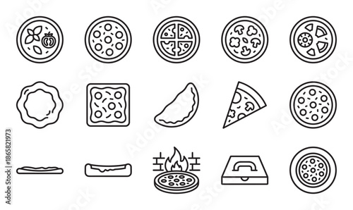 Pizza related food icons in a minimalist line art style showing different toppings, slices, dough, calzone, and a delivery box for a pizzeria menu or food app