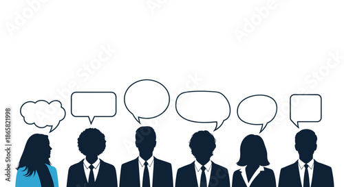 Silhouetted business people with speech bubbles including one highlighted individual in blue against a white background.