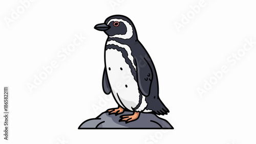 A cartoon penguin with black and white plumage and orange feet stands on a grey rock