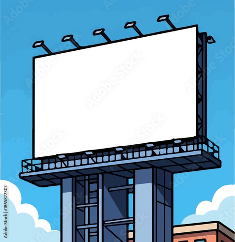 A large, blank billboard stands tall against a clear blue sky with fluffy white clouds