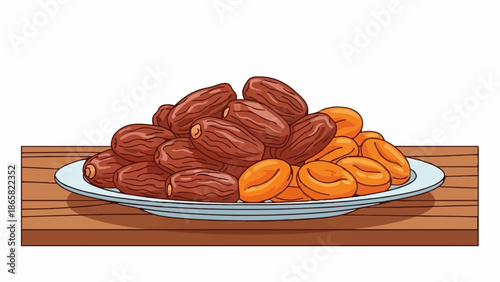 A plate of dates and dried apricots sits on a wooden surface