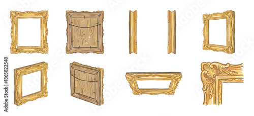 Ornate golden picture frame illustration set showing multiple angles, including front, back, side, perspective, and a detailed corner close-up with baroque style carvings