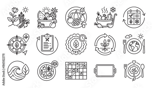 Set of black line art icons representing healthy eating, seasonal food, sustainability, and meal planning for a balanced diet and eco-friendly lifestyle