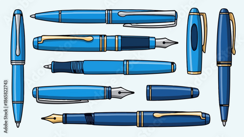 A collection of blue fountain pens and ballpoint pens with gold accents