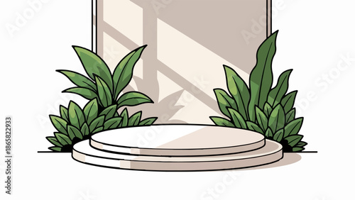 A layered podium with green plants and sunlight shadows on a cream background