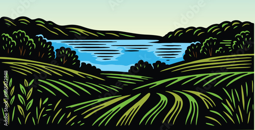 Scenic woodcut landscape featuring a blue lake and rolling hills