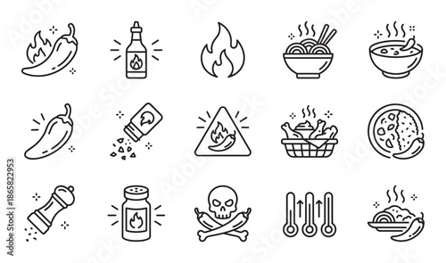 Set of black line icons representing spicy food and hot flavors, featuring chili peppers, flames, hot sauce, noodles, soup, a warning sign, and a skull symbol for extreme heat