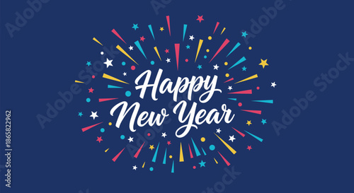 Festive Happy New Year greeting text centered within a burst of colorful stylized fireworks on a deep blue background.