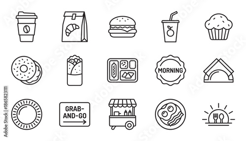 Set of black line icons for breakfast and takeaway food, featuring coffee, croissant, burger, donut, and a grab-and-go sign in a clean, minimalist vector illustration style