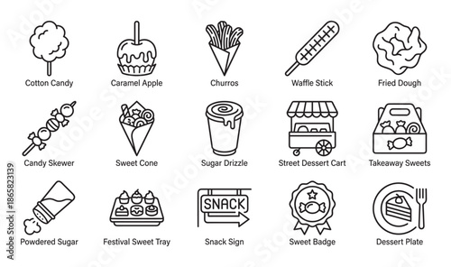 Collection of black line art icons representing various fair and festival sweets, including cotton candy, caramel apple, churros, and a street dessert cart in a clean pictogram style