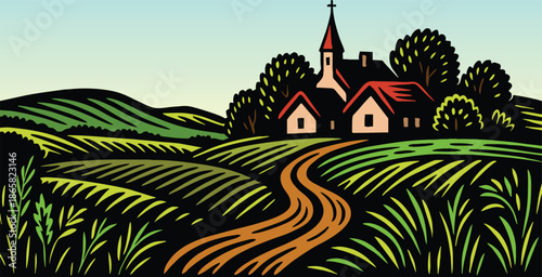 Traditional farmhouse nestled between green trees and rolling agricultural fields.