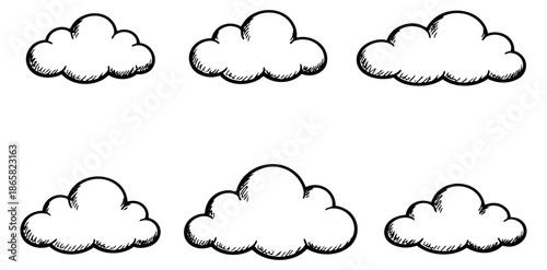 Hand drawn line art cloud set featuring various shapes for weather and sky designs