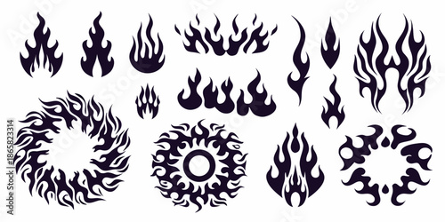 Collection of stylized black flame designs and fire inspired tribal patterns