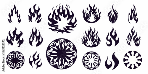 Collection of stylized black and white flame designs and fire inspired graphics