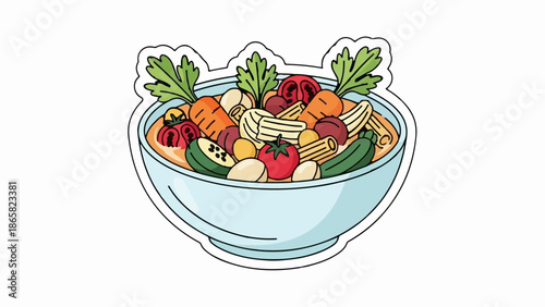 A light blue bowl overflowing with a colorful assortment of pasta, vegetables, and broth