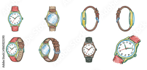 Collection of colorful hand-drawn wristwatches in a sketchy, artistic style, showing various classic analog timepieces with leather straps from different angles and perspectives