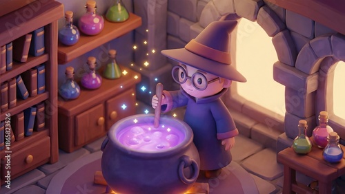 Student wizard stirring glowing purple potion in a cauldron. Fantasy-themed animation for educational or storytelling material. Magical experiment.